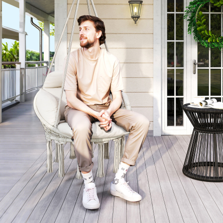  Fotoliu Suspendat de Exterior in Stil Boho cu Franjuri, Perna, Corzi si Inele, 80x60x40 cm, Crem [7]