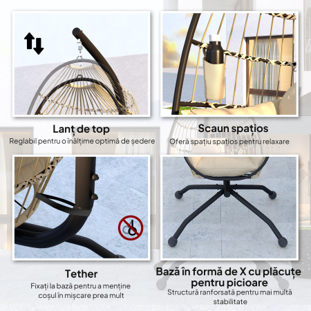  Fotoliu Suspendat Tip Ou cu Lant Reglabil, 2 Perne Detasabile si Suport pentru Pahare, Scaun Balansoar Pliabil pentru Gradina, Baza in X din Otel, pentru Interior si Exterior, 120x88x192 cm, Bej [6]