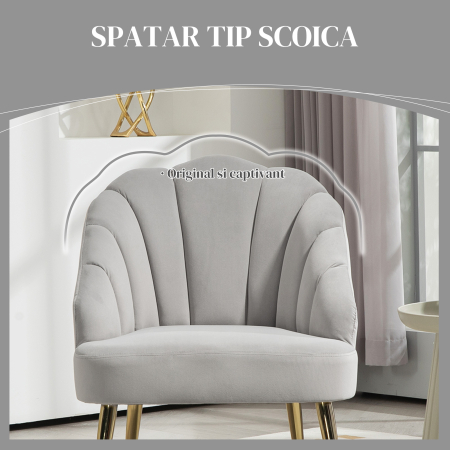  Fotoliu Tapitat cu Spatar in Forma de Cochilie, Fotoliu din Catifea cu Picioare Aurii, 63x65x84 cm, Gri [4]