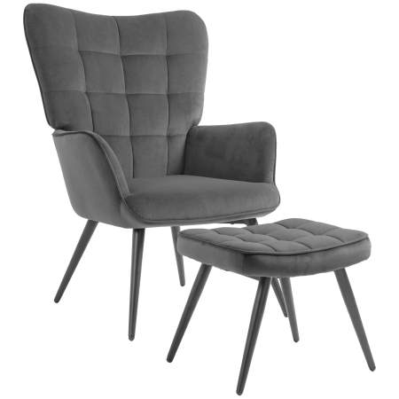 Scaune bucatarie & living -  Fotoliu Tapitat pentru Interior cu Brate si Taburet Integrat, Fotoliu pentru Sufragerie din tesatura cu Efect de Catifea, 73x77.5x98 cm, Gri inchis