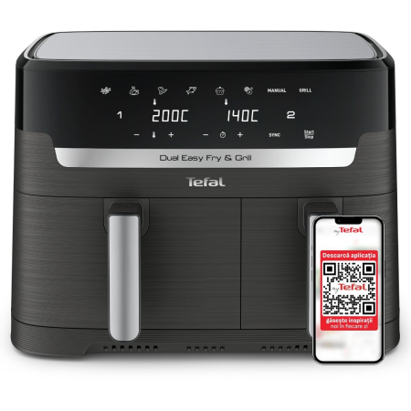 Bucatarie - Friteuza cu aer cald dubla Dual Easy Fry&Grill Tefal EY905B10, 2700 W, capacitate 8.3 L - Air fryer cu 8 programe automate, Tehnologia ExtraCrisp, v