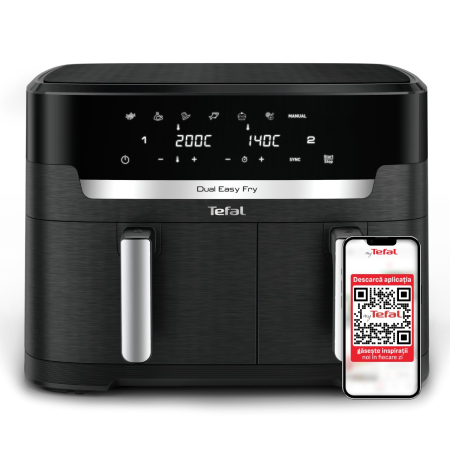 Bucatarie - Friteuza cu aer cald dubla Tefal Dual Easy Fry XXL EY9428E0, 2700W, capacitate 11 L - Air fryer cu 7 programe automate, vase detasabile antiaderent