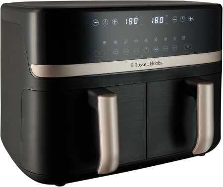 Friteuze - Friteuza cu aer cald Russell Hobbs Satisfry Dual Basket, 9L, 2 cosuri independente, afisaj digital, gatit simultan