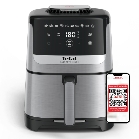 Bucatarie - Friteuza cu aer cald Tefal Easy Fry Silence EY552DE0, 1670W, 5L - Air fryer cu 10 programe automate, ecran LCD, silentioasa, cu maner detasabil, 