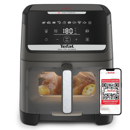 Bucatarie - Friteuza cu aer cald Tefal Easy Fry Silence EY846HE0, 1800W, 7L - Air fryer cu 10 programe automate, ecran LCD, silentioasa, tehnologie Extra Crisp
