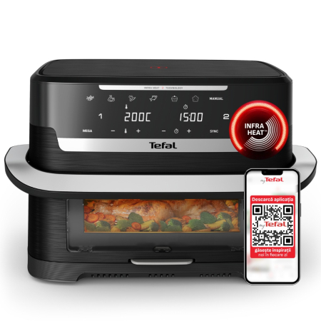Electrocasnice - Friteuza cu aer cald Tefal Ever Fry Dual Flex EY9288E0, 2700 W, 9 L, - Air fryer cu 7 programe automate, tehnologie avansata Infra-Heat™, 11 functii