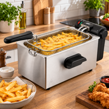 Friteuza cu ulei electrica HAEGER DEEP, Capacitate 3 L, Putere 2000 W, INOX, Termostat reglabil 130-190 grade C, Indicatoare luminoase, Pentru cartofi prajiti, Aripioare, Snitele, peste si legume, Arg [6]