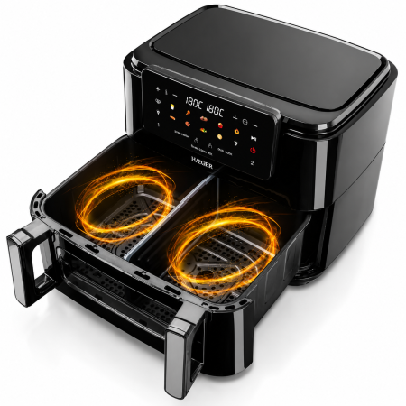 Friteuza dubla cu aer cald HAEGER SUPER COOK, 2600W, Capacitate 10L, despartitor cuve detasabil 2x5L, 10 programe, ecran tactil, Cuve detasabile lavabile, gatire fara ulei cu aer cald 360, Negru [3]