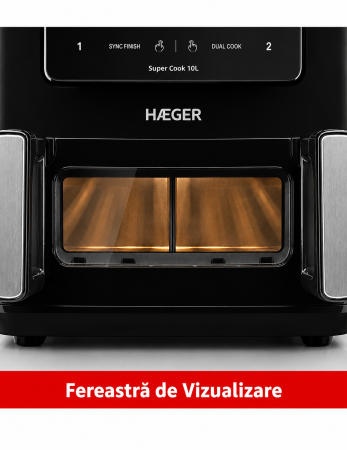 Friteuza dubla cu aer cald HAEGER SUPER COOK, 2600W, Capacitate 10L, despartitor cuve detasabil 2x5L, 10 programe, ecran tactil, Cuve detasabile lavabile, gatire fara ulei cu aer cald 360, Negru [6]
