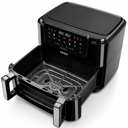 Friteuza dubla cu aer cald HAEGER SUPER COOK, 2600W, Capacitate 10L, despartitor cuve detasabil 2x5L, 10 programe, ecran tactil, Cuve detasabile lavabile, gatire fara ulei cu aer cald 360, Negru [5]