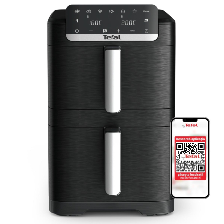 Bucatarie - Friteuza dubla cu aer cald Tefal Easy Fry Crispy Stack EY7528E0, 2700 W, 10 L - Air fryer cu 7 programe automate, 2 compartimente, temperatura ajustab