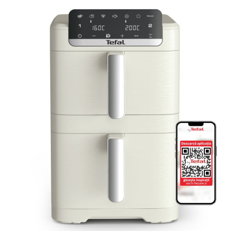 Electrocasnice - Friteuza dubla cu aer cald Tefal Easy Fry Crispy Stack EY752AE0, 2700 W, 10 L - Air fryer cu 7 programe automate, 2 compartimente, temperatura ajustab