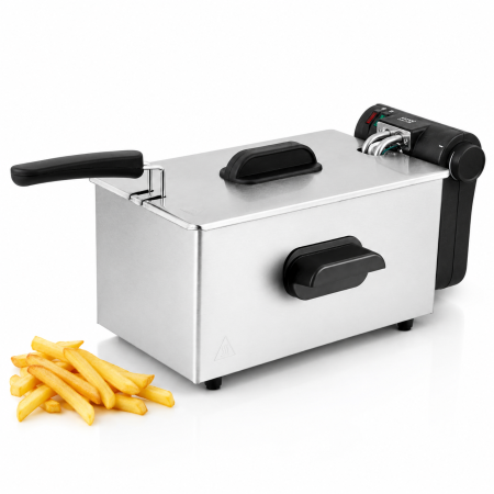 Friteuza cu ulei electrica HAEGER DEEP, Capacitate 3 L, Putere 2000 W, INOX, Termostat reglabil 130-190 grade C, Indicatoare luminoase, Pentru cartofi prajiti, Aripioare, Snitele, peste si legume, Arg [1]