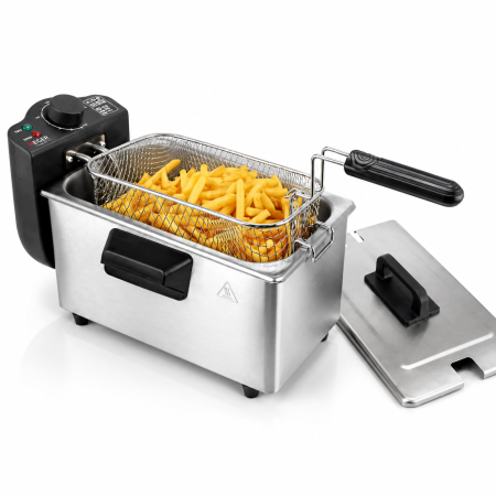 Friteuze - Friteuza electrica HAEGER Deep & Go, Capacitate 3L, 2000W, inox, temperatura reglabila pana la 190°C, Inox,  Componente lavabile, Argintiu