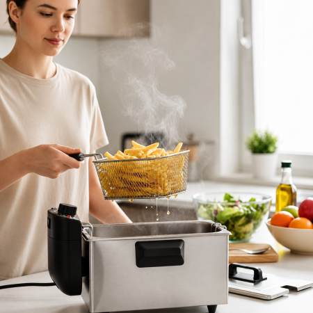 Friteuza electrica HAEGER Deep & Go, Capacitate 3L, 2000W, inox, temperatura reglabila pana la 190°C, Inox,  Componente lavabile, Argintiu [1]