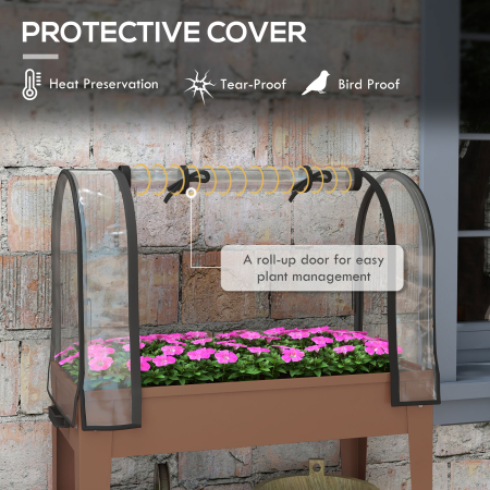  Furca de gradina inaltata cu mini sera pentru plante, roti si raft, 80x40x120cm, maro [3]