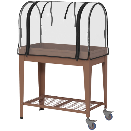 Living & hol -  Furca de gradina inaltata cu mini sera pentru plante, roti si raft, 80x40x120cm, maro
