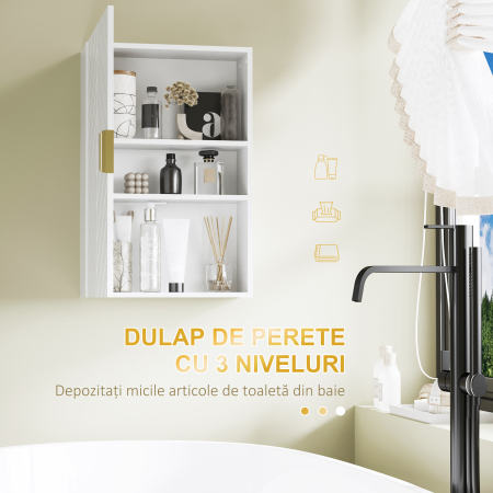 g Dulap suspendat pentru baie cu usa decorativa, maner auriu si rafturi reglabile, 40x15x60 cm, alb [3]