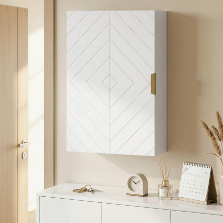 g Dulap suspendat pentru baie cu usa decorativa, maner auriu si rafturi reglabile, 40x15x60 cm, alb [8]