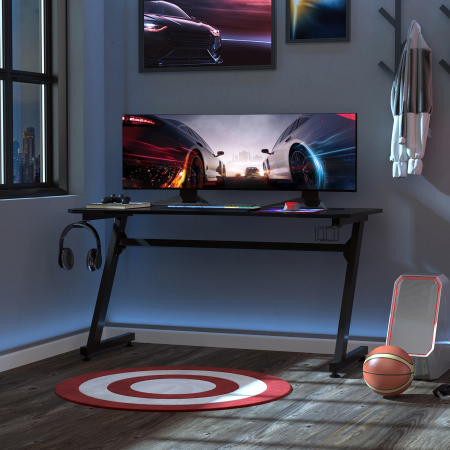  Gaming Desk, Masa Gaming cu Management Cabluri, Suport Pahare si Carlig pentru Casti, Negru, 120×65×74,5 cm [1]