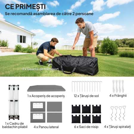  Gazebo 3x6 m Pliabil Pop Up cu inaltime Reglabila, Gazebo Exterior cu Benzi Reflectorizante, Pereti Laterali, Saci de Nisip, Geanta de Transport, UV50+, pentru Camping, Petreceri, Gri Deschis [8]
