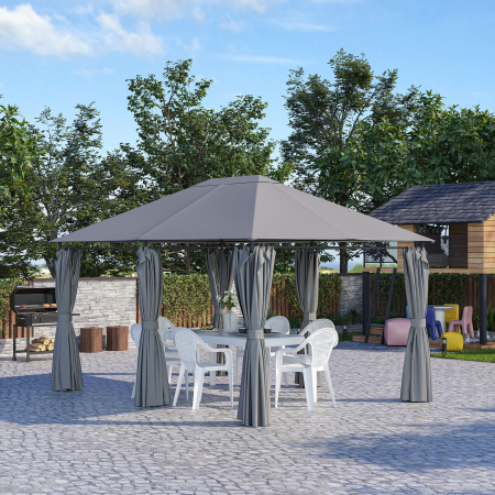  Gazebo din Otel 3x4 m cu Acoperis din Material Textil si 6 Perdele Detasabile, Gri [1]