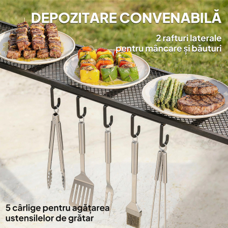  Gazebo pentru Gratar 2.5x1.5 m, Pergola pentru Gratar cu 2 Rafturi Laterale si Carlige, Cadru din Otel si Acoperis din Poliester pentru Gradina, Gri inchis [3]