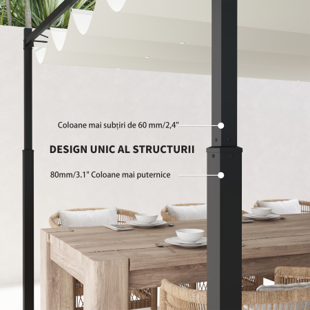  Gazebo Pergola 3x3 m cu Acoperis Retractabil, 8 suruburi si 8 tarusi, din Poliester 180g si Metal, Alb Crem [4]