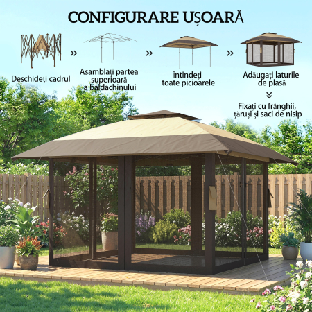  Gazebo pliabil 4x4 m cu 4 plase laterale anti-tantari, acoperis dublu si saci cu nisip, culoare kaki si maro [7]