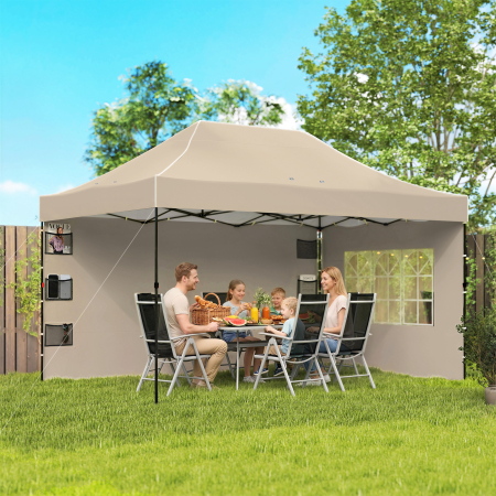  Gazebo Pop Up pliabil cu pereti laterali si ferestre, 2.9x4.3 m, din metal si tesatura Oxford, maro nisipiu [1]