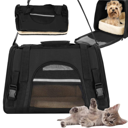 Geanta pentru transport animale mici-medii, pentru caine si pisica, cu saltea, 27x44x25 cm, negru [2]