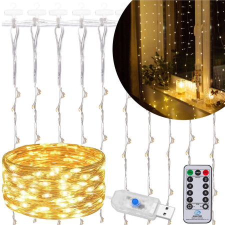 Ghirlanda luminoasa tip perdea 200 LED-uri, 2x2m, pentru interior, alimentare USB, alb cald (galben) [2]
