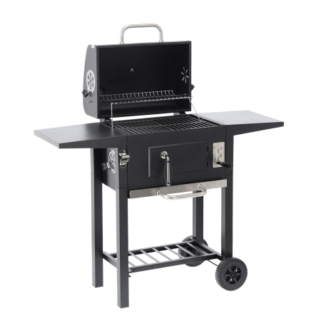 Gratar carbuni cu capac, manevrabil pe roti, termometru integrat, grill fonta, 109x46x107 cm, negru [1]