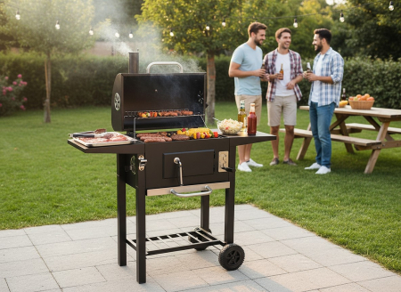 Gratar carbuni cu capac, manevrabil pe roti, termometru integrat, grill fonta, 109x46x107 cm, negru [4]