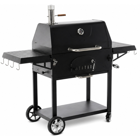 Gradina & balcon - Gratar carbuni cu capac si termometru, grill fonta, rafturi laterale, roti pentru deplasare, 153x65x137 cm, negru