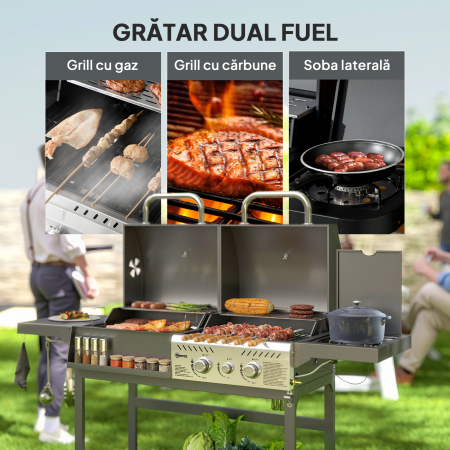  Gratar cu Carbune si Gaz cu 3 Arzatoare si Capac cu Termometru, Negru [3]