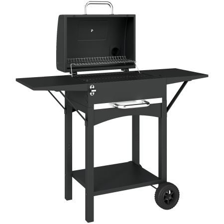 Gratare de gradina -  Gratar cu Carbuni, cu 2 Rafturi Laterale, Termometru, Capac si Roti, 110x46.5x101 cm, Negru