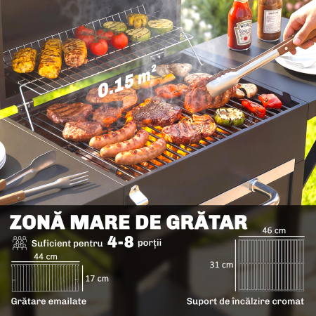  Gratar cu Carbuni, cu 2 Rafturi Laterale, Termometru, Capac si Roti, 110x46.5x101 cm, Negru [3]