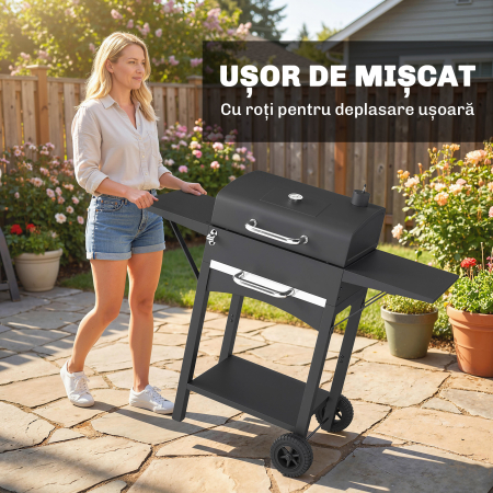  Gratar cu Carbuni, cu 2 Rafturi Laterale, Termometru, Capac si Roti, 110x46.5x101 cm, Negru [6]