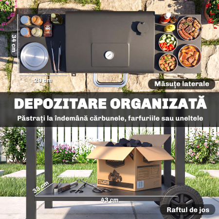  Gratar cu Carbuni, cu 2 Rafturi Laterale, Termometru, Capac si Roti, 110x46.5x101 cm, Negru [5]