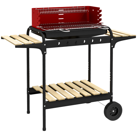Gradina & balcon -  Gratar cu Carbuni, Roti si Grilaj cu inaltime Reglabila, 3 Rafturi si Tava pentru Cenusa, 103x47x95 cm, Rosu
