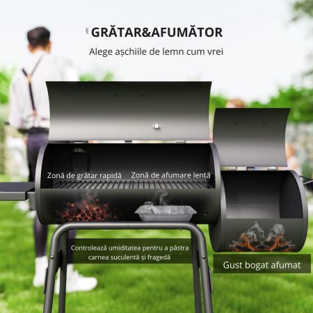  Gratar de gradina cu capac si afumator, gratar pe carbune cu rafturi si roti 124x53x104cm, negru [6]