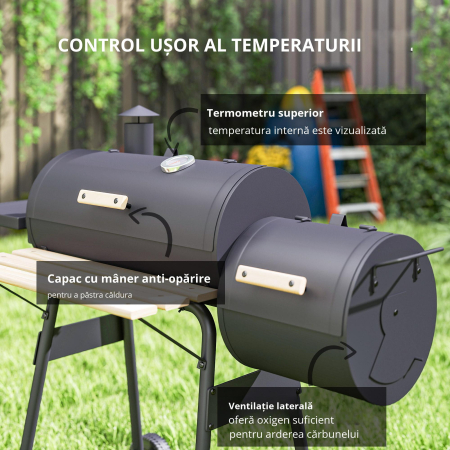  Gratar de gradina cu capac si afumator, gratar pe carbune cu rafturi si roti 124x53x104cm, negru [5]