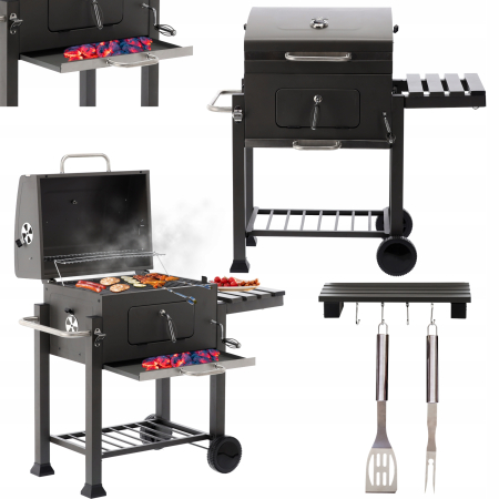 Gratar dreptunghiular pe carbuni, cu suport lateral si termometru capac, 115x60x108cm [7]