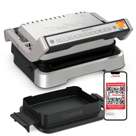 Bucatarie - Gratar electric 4in1 multifunctional TEFAL OptiGrill Inox GC774D30, 9 programe, conectivitate la aplicatie, tava pentru cuptor, tavi detasabile, ar