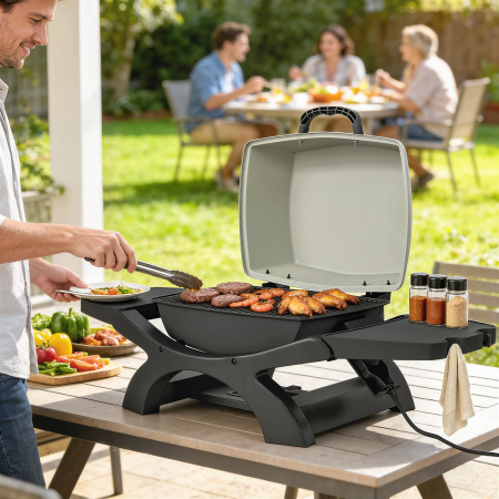  Gratar electric de exterior 2300W, gratar de masa portabil cu grile emailate, rafturi laterale, negru [1]