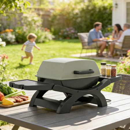  Gratar electric de exterior 2300W, gratar de masa portabil cu grile emailate, rafturi laterale, negru [4]
