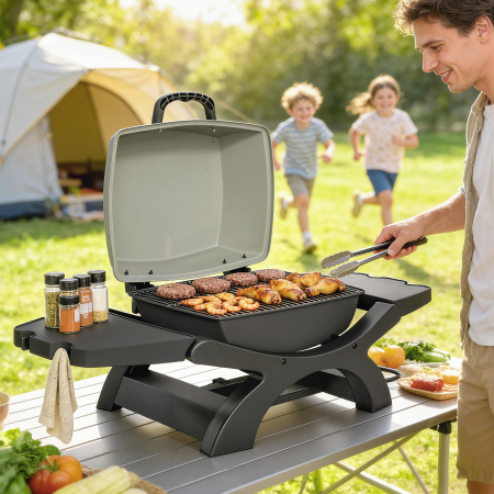  Gratar electric de exterior 2300W, gratar de masa portabil cu grile emailate, rafturi laterale, negru [5]