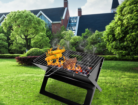 Gratar metalic pe carbune, pliabil, din otel cu tava cromata, 46x31x29cm, negru [1]