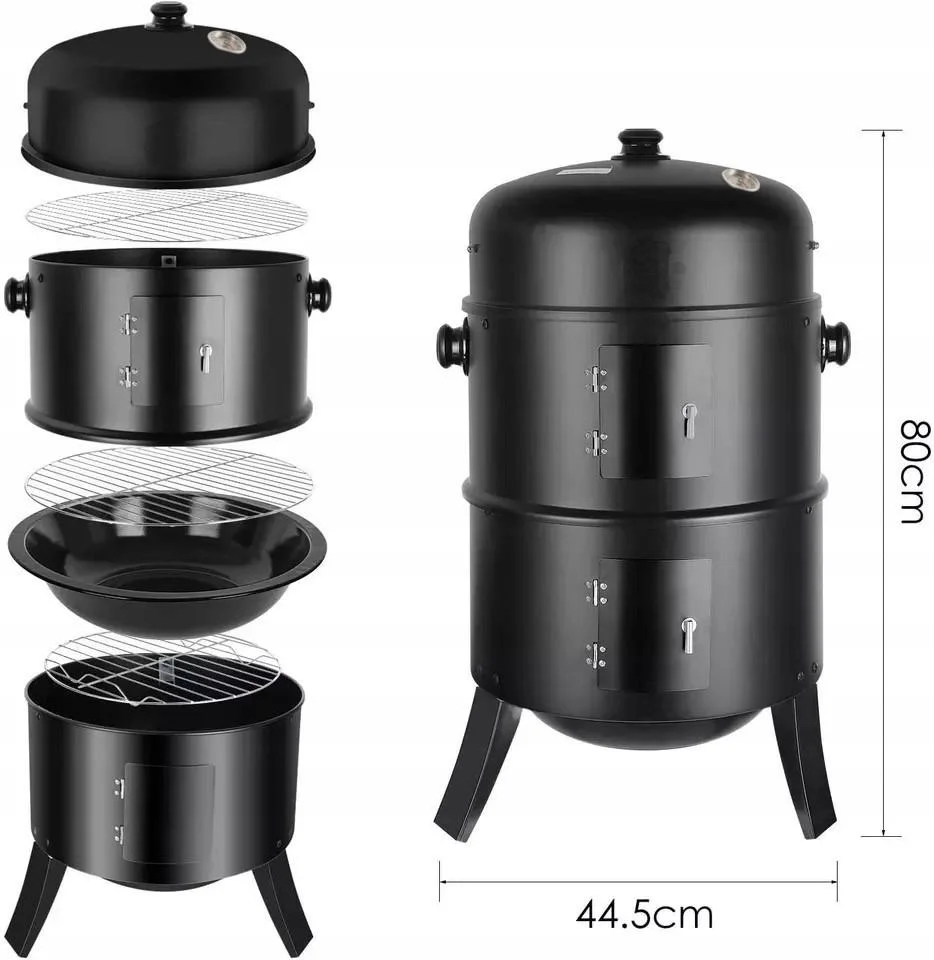 Gratar metalic carbuni inchis 3 nivele cu capac si termometru, cos fum reglabil, recipient apa, 80x44x38 cm [8]